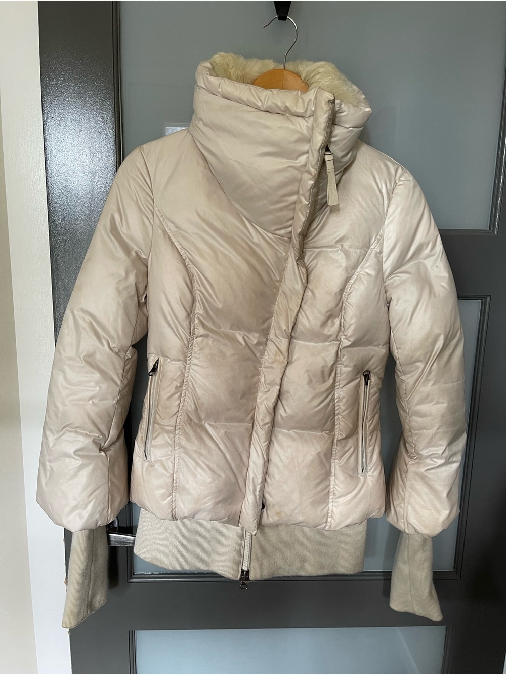 Mackage Cream Short Down Bomber Jacket with Real Rabbit Fur Collar - XS